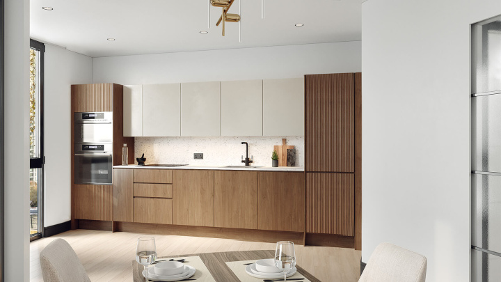 Kitchen area at an Arena Quayside duplex apartment, computer generated image for illustrative use only, ©Galliard Homes.