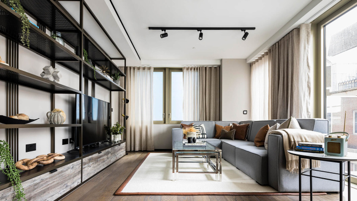 Open-plan living room at a two-bedroom apartment at The Stage, ©Galliard Homes.