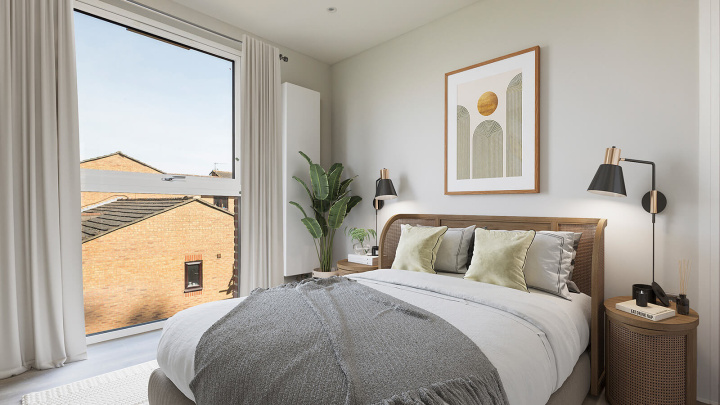 Bedroom in a Park Avenue Place apartment, computer generated image intended for illustrative use only, ©Galliard Homes.