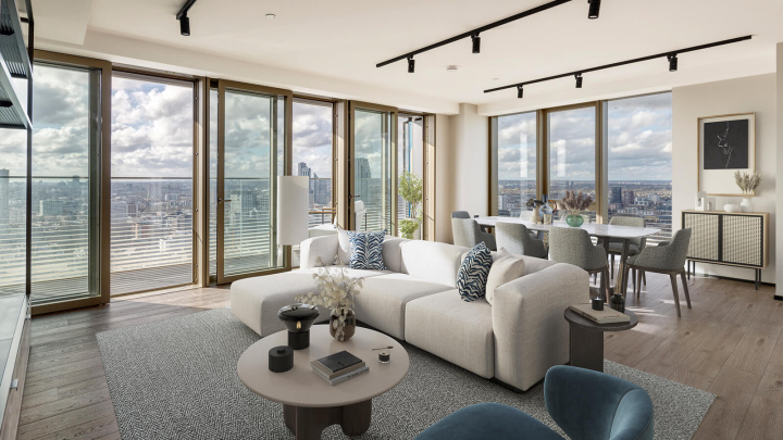 Reception room at a three-bedroom apartment at The Stage, furniture superimposed for illustrative purposes only, ©Galliard Homes.