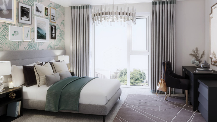 Bedroom at a Belgrave Village apartment, computer generated image intended for illustrative use only, ©Wavensmere