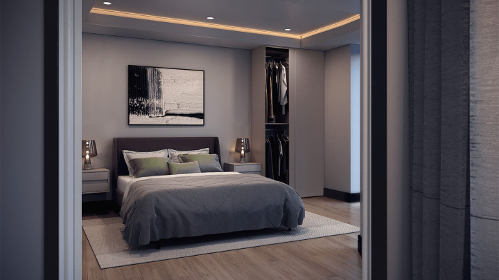 Bedroom at an Arena Quayside duplex apartment, computer generated image for illustrative use only, ©Galliard Homes.