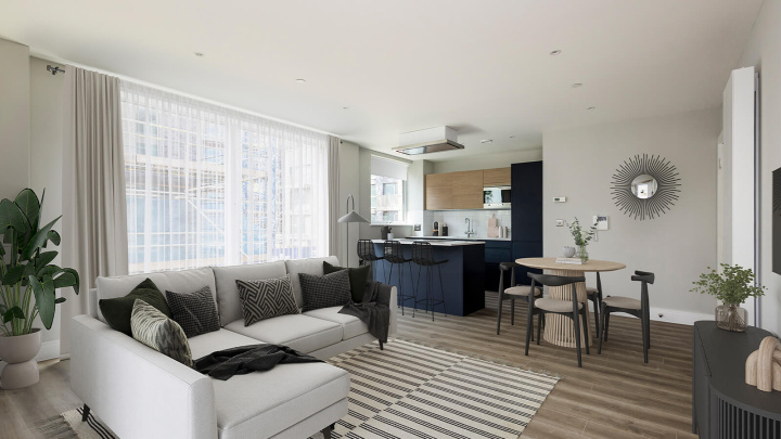 Living, kitchen and dining area in a Park Avenue Place apartment, computer generated image intended for illustrative use only, ©Galliard Homes.