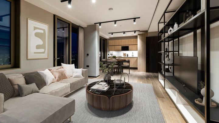 Open-plan living / dining room and kitchen at Apartment 1412 The Stage, furniture superimposed for illustrative purposes only, ©Galliard Homes.