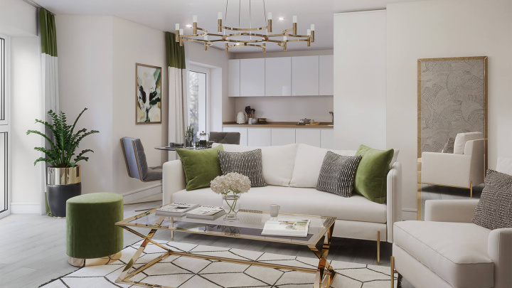Living and Kitchen Area at a Belgrave Village apartment, computer generated image intended for illustrative use only, ©Wavensmere