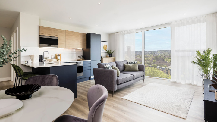 Open plan kitchen, living and dining area at Neptune Wharf ©Galliard Homes.