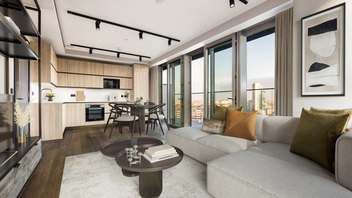 Open-plan living / dining room and kitchen at Apartment 1104 The Stage, furniture superimposed for illustrative purposes only, ©Galliard Homes.