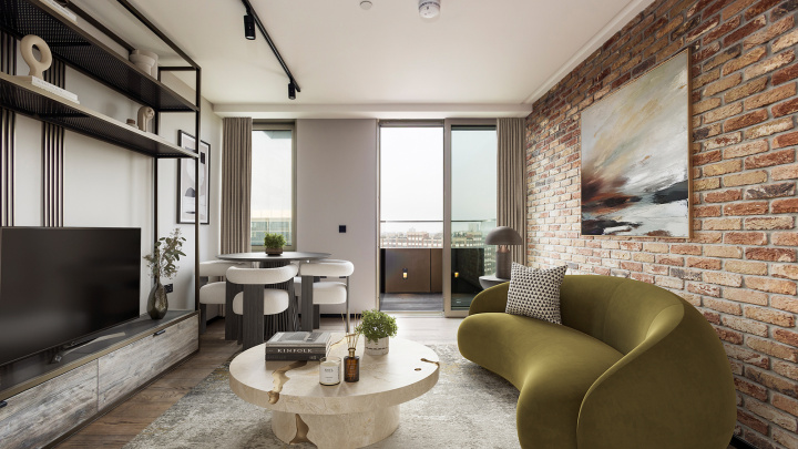 Living and dining area with balcony at Apartment 810 The Stage, furniture superimposed for illustrative purposes only, ©Galliard Homes.
