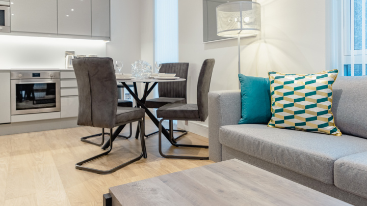 Open-plan kitchen, living and dining room at the Timber Yard show apartment, ©Galliard Homes.
