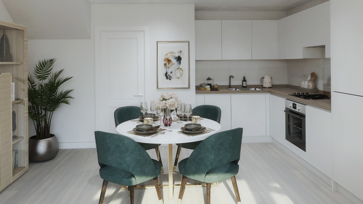 Kitchen and Dining Area at a Belgrave Village house, computer generated image intended for illustrative use only, ©Wavensmere