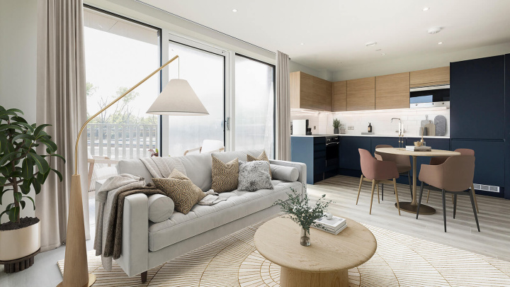 Living, dining and kitchen area in a Park Avenue Place apartment, computer generated image intended for illustrative use only, ©Galliard Homes.