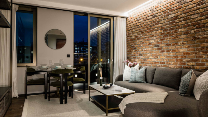 Living room in a one-bedroom apartment at The Stage, ©Galliard Homes.