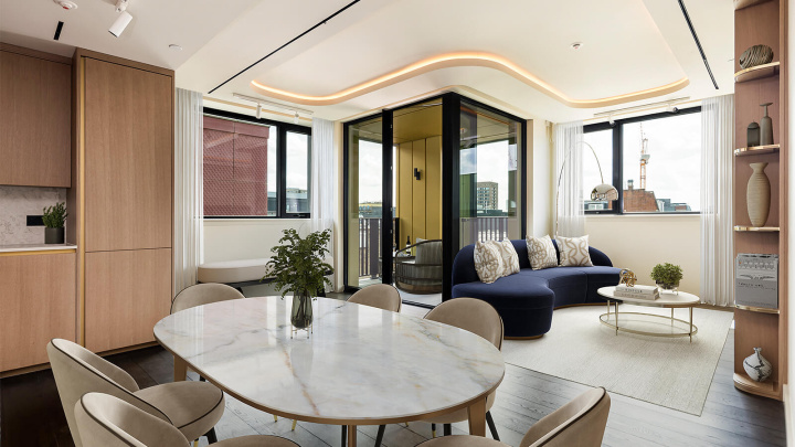 Open-plan living area at a TCRW SOHO apartment, computer generated image intended for illustrative use only, ©Galliard Homes.