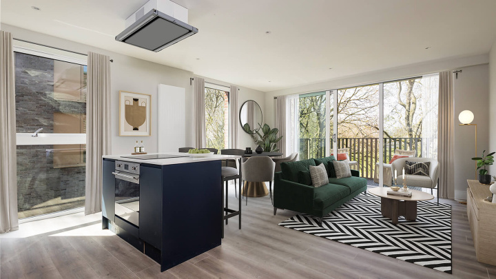 Living, kitchen and dining area in a Park Avenue Place apartment, computer generated image intended for illustrative use only, ©Galliard Homes.