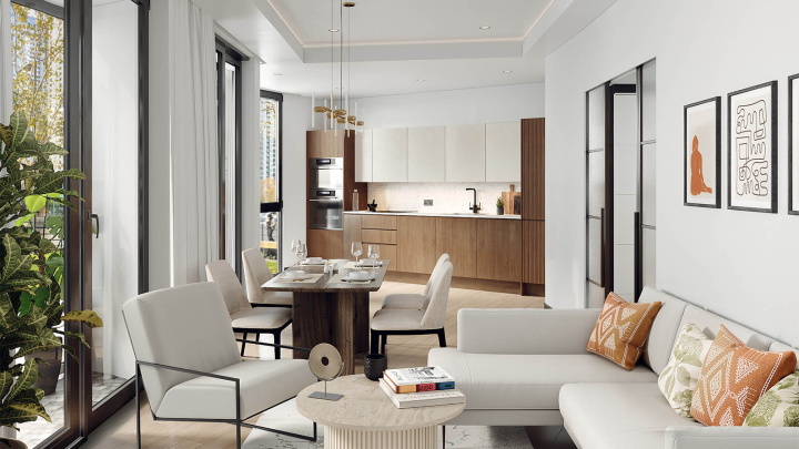 Open-plan living at an Arena Quayside duplex apartment, computer generated image for illustrative use only, ©Galliard Homes.