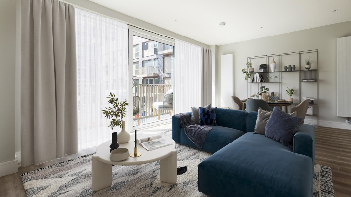 Living area in a Park Avenue Place apartment, computer generated image intended for illustrative use only, ©Galliard Homes.