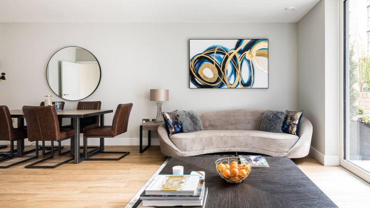 Open-plan living and dining area at a Wimbledon Grounds duplex, ©Galliard Homes.
