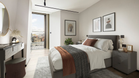 Bedroom and balcony at Apartment 608 The Stage, furniture superimposed for illustrative purposes only, ©Galliard Homes.