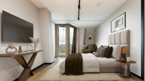 Principal bedroom at 1906 The Stage, furniture superimposed for illustrative purposes only, ©Galliard Homes.