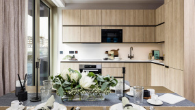 Kitchen at a two-bedroom apartment at The Stage, ©Galliard Homes.