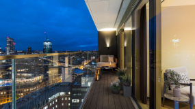Terrace with actual view from Apartment 1412 The Stage, furniture superimposed for illustrative purposes only, ©Galliard Homes.
