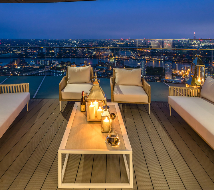 Penthouse private terrace at dusk with views of Canary Wharf, ©Galliard Homes. Penthouse private terrace at dusk with views of Canary Wharf, ©Galliard Homes.