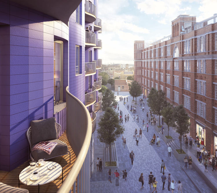 View of the public realm at Islington Square from apartment balcony, computer generated image intended for illustrative purposes only, ©Galliard Homes. View of the public realm at Islington Square from apartment balcony, computer generated image intended for illustrative purposes only, ©Galliard Homes.