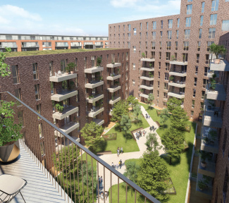 Timber Yard exterior and communal gardens, computer generated image intended for illustrative purposes only, ©Galliard Homes. Timber Yard exterior and communal gardens, computer generated image intended for illustrative purposes only, ©Galliard Homes.