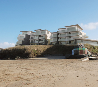 Exterior of The Dunes and Perranporth Beach, computer generated imaged intended for illustrative purposes only, ©Acorn Property Group.