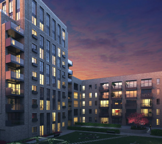 Marine Wharf East exterior and courtyard gardens, computer generated image intended for illustrative purposes only, ©Galliard Homes. Marine Wharf East exterior and courtyard gardens, computer generated image intended for illustrative purposes only, ©Galliard Homes.
