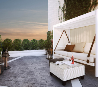 Private roof terrace at Hanway Gardens, computer generated image intended for illustrative purposes only, ©Galliard Homes.