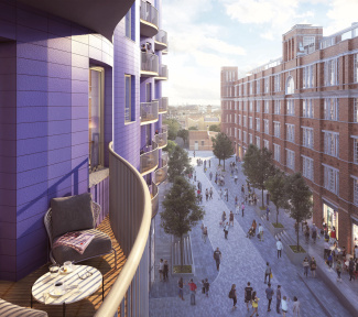View of the public realm at Islington Square from apartment balcony, computer generated image intended for illustrative purposes only, ©Galliard Homes. View of the public realm at Islington Square from apartment balcony, computer generated image intended for illustrative purposes only, ©Galliard Homes.