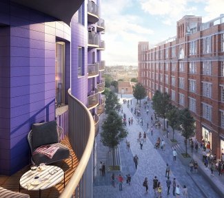 View of the public realm at Islington Square from apartment balcony, computer generated image intended for illustrative purposes only, ©Galliard Homes. View of the public realm at Islington Square from apartment balcony, computer generated image intended for illustrative purposes only, ©Galliard Homes.