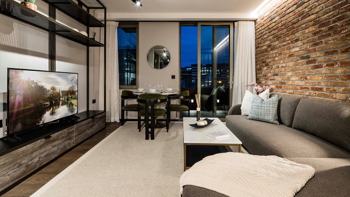 Living area in a studio suite at The Stage, ©Galliard Homes.