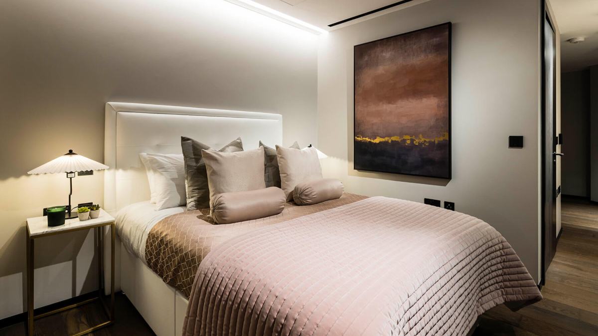 Bedroom in a studio suite at The Stage, ©Galliard Homes.