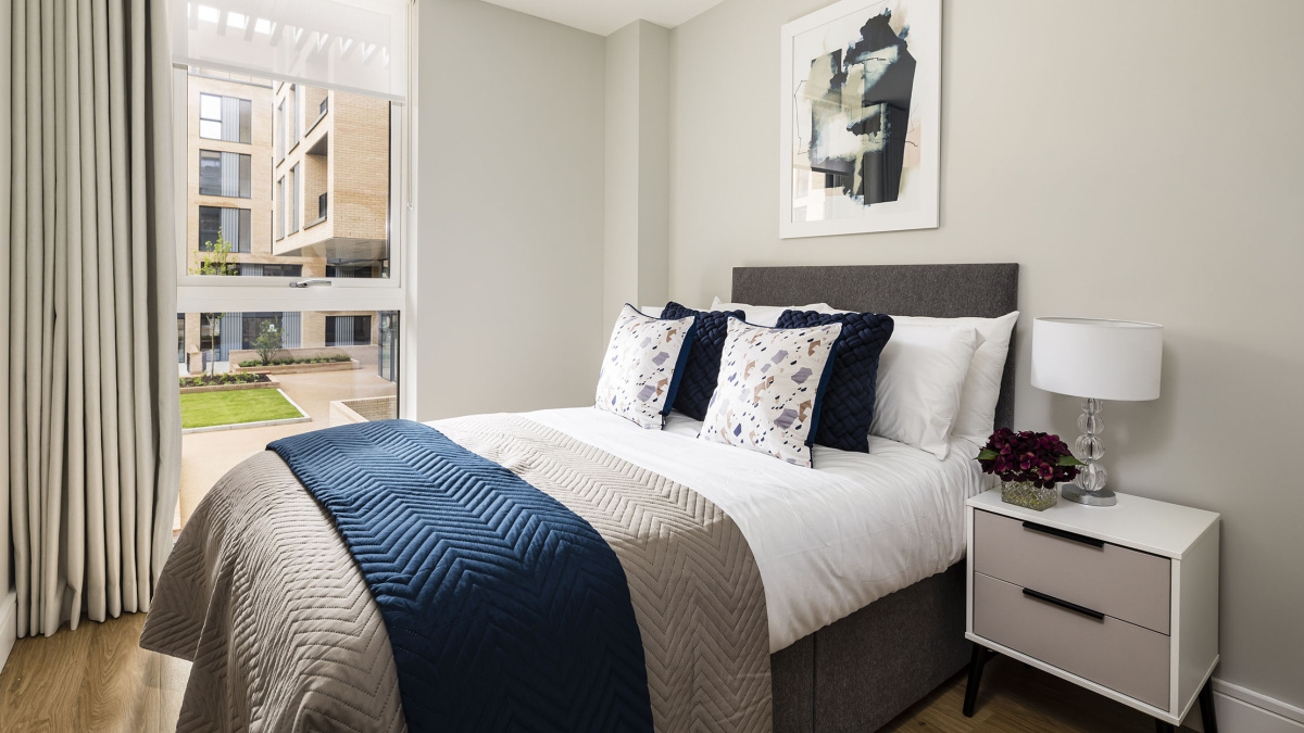 Bedroom at a Wimbledon Grounds apartment, ©Galliard Homes.