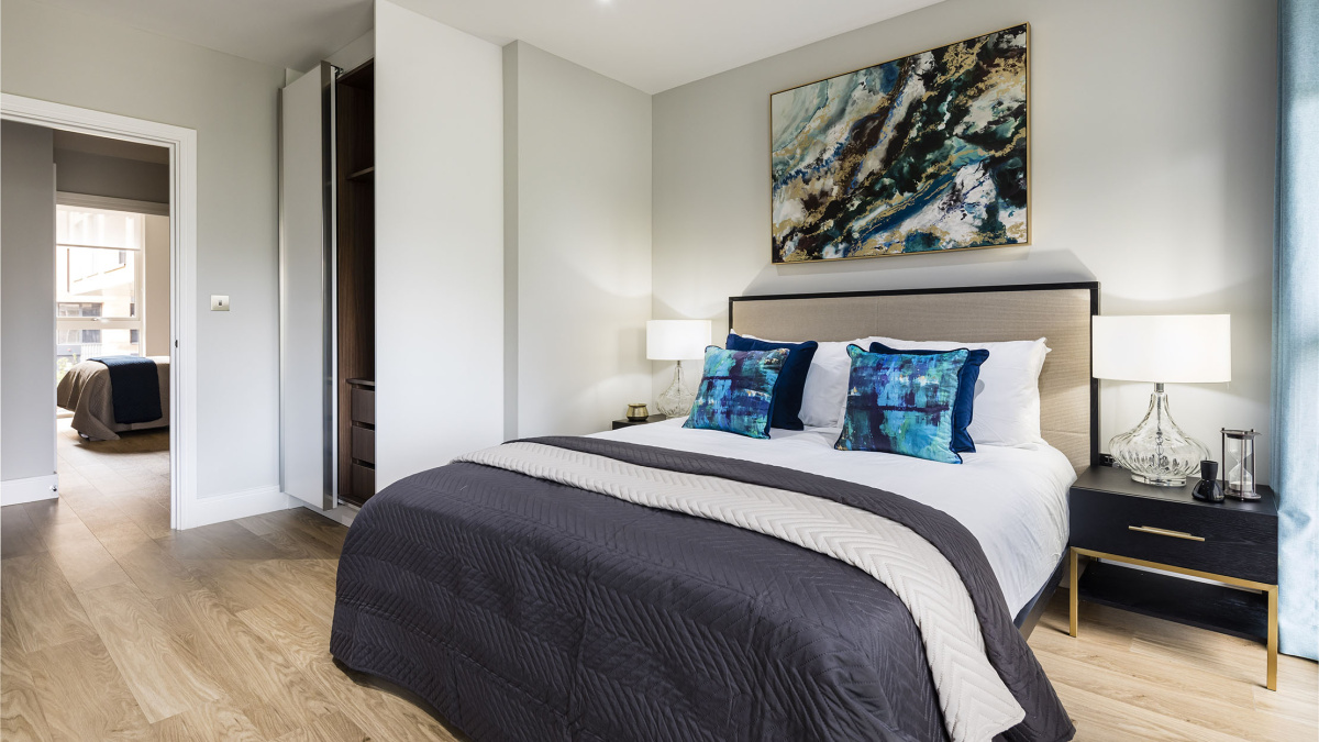 Bedroom at a Wimbledon Grounds apartment, ©Galliard Homes.