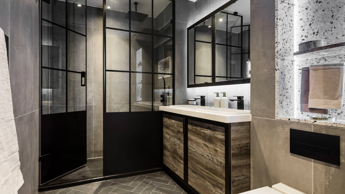 Shower room with twin sinks at apartment 1911 The Stage, ©Galliard Homes.