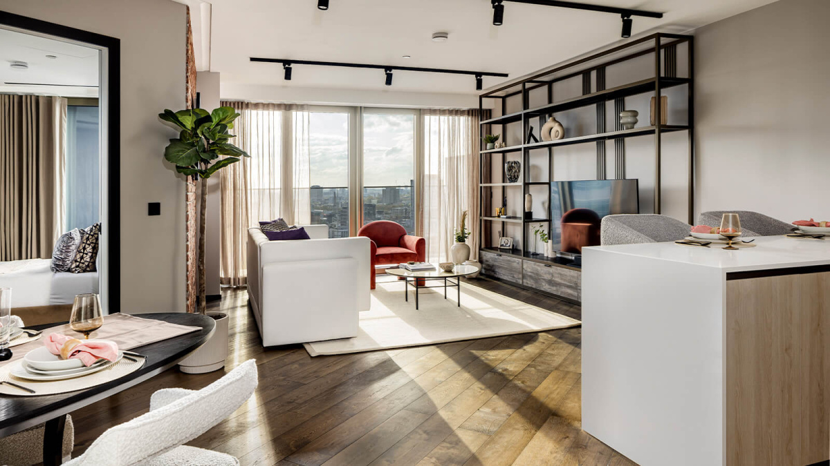 Living, kitchen and dining area at apartment 1911 The Stage, ©Galliard Homes.