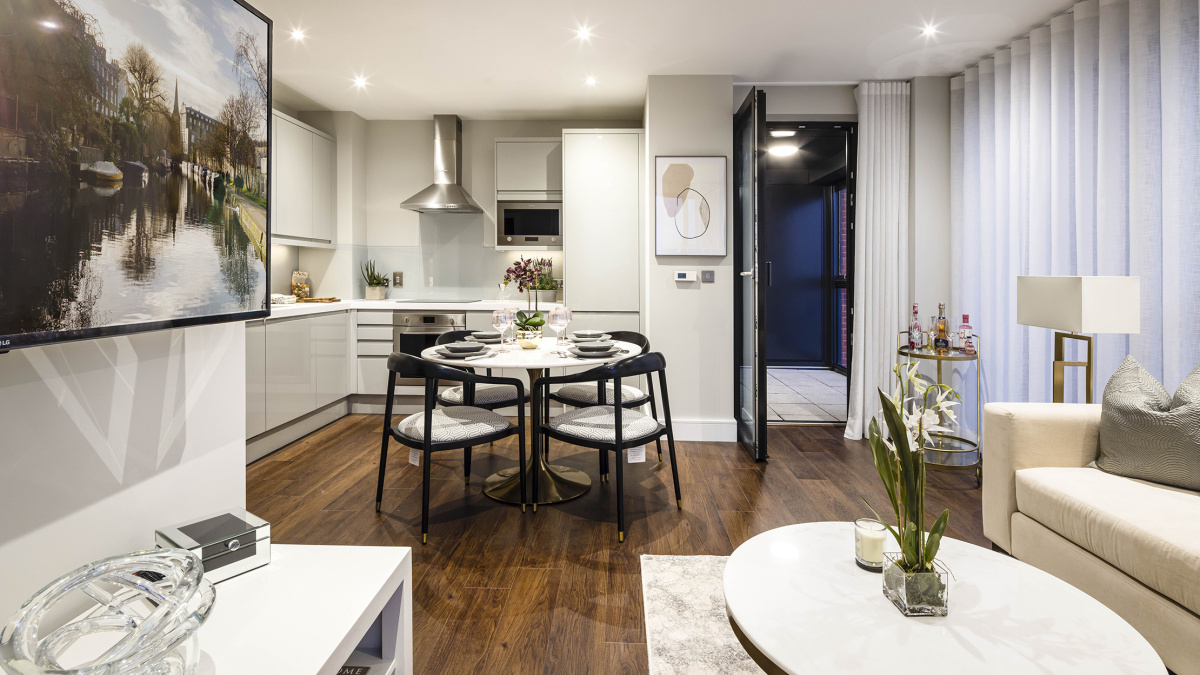 Open-plan kitchen, living and dining area at an Orchard Wharf apartment, ©Galliard Homes.