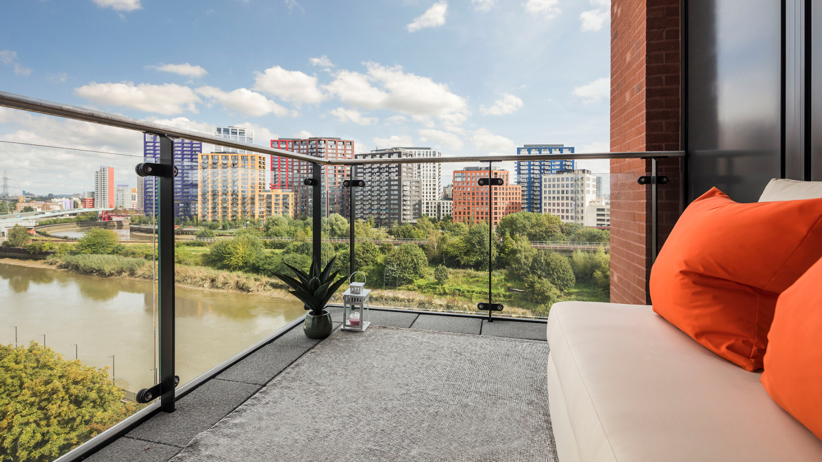 Balcony at an Orchard Wharf apartment, ©Galliard Homes.
