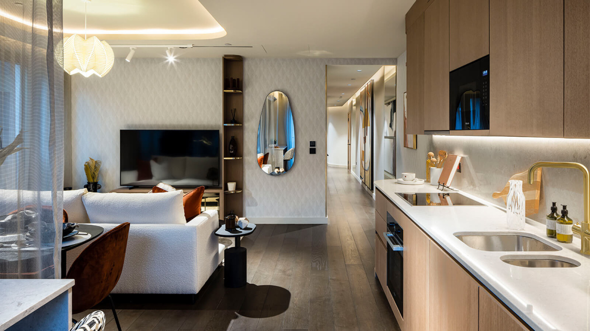 Kitchen and living area at a TCRW SOHO apartment ©Galliard Homes.