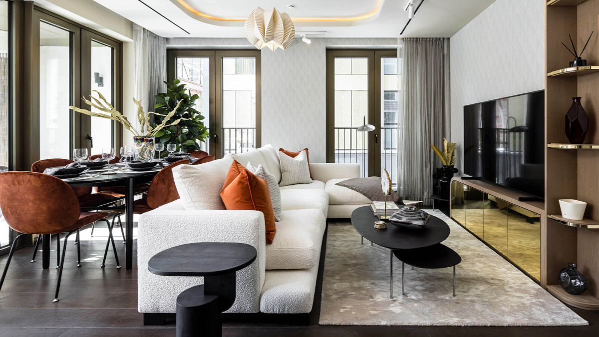 Living and dining area at a TCRW SOHO apartment ©Galliard Homes.