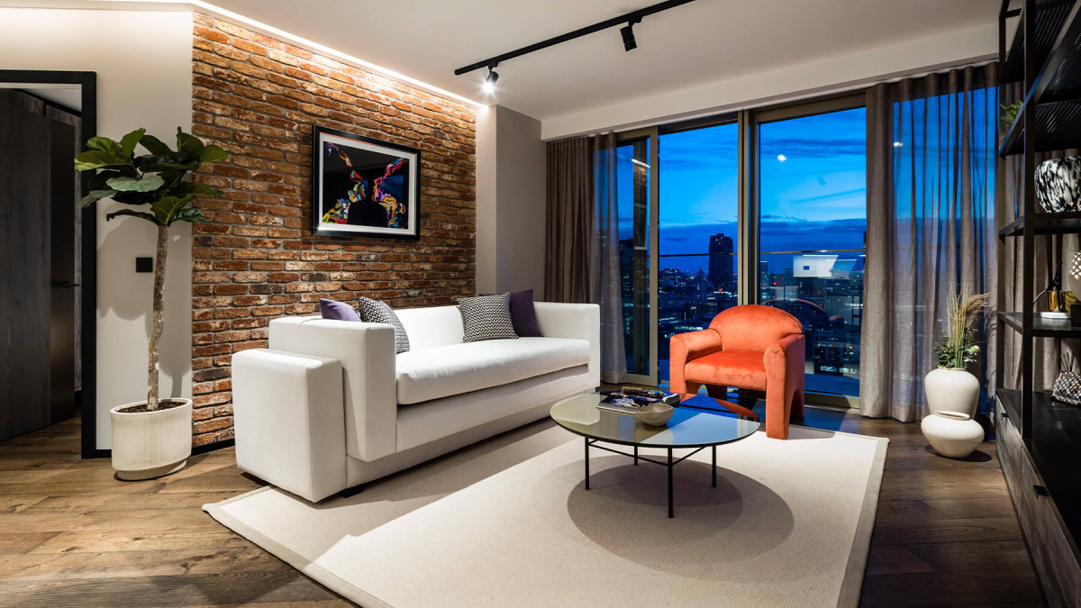 Living room of a two-bedroom apartment at The Stage, ©Galliard Homes.