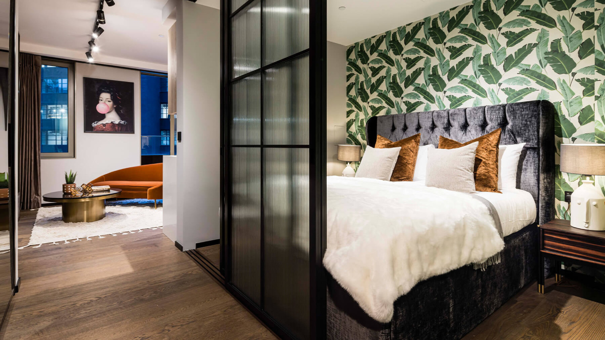 Bedroom in a studio suite at The Stage, ©Galliard Homes.