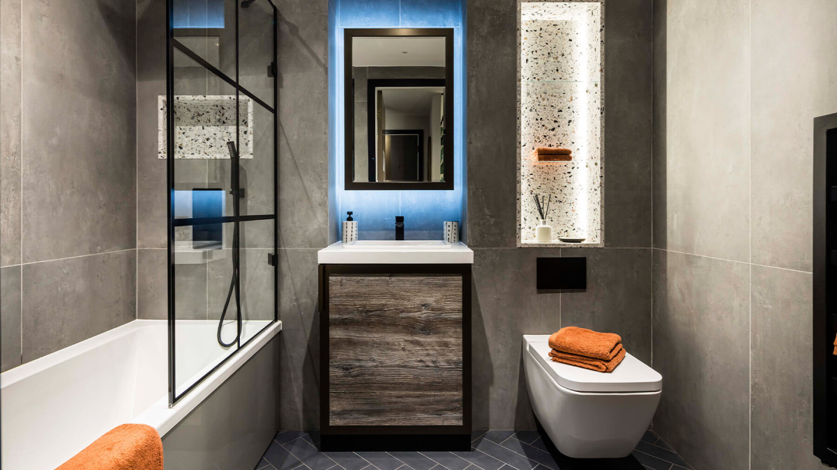 Bathroom in a studio suite at The Stage, ©Galliard Homes.