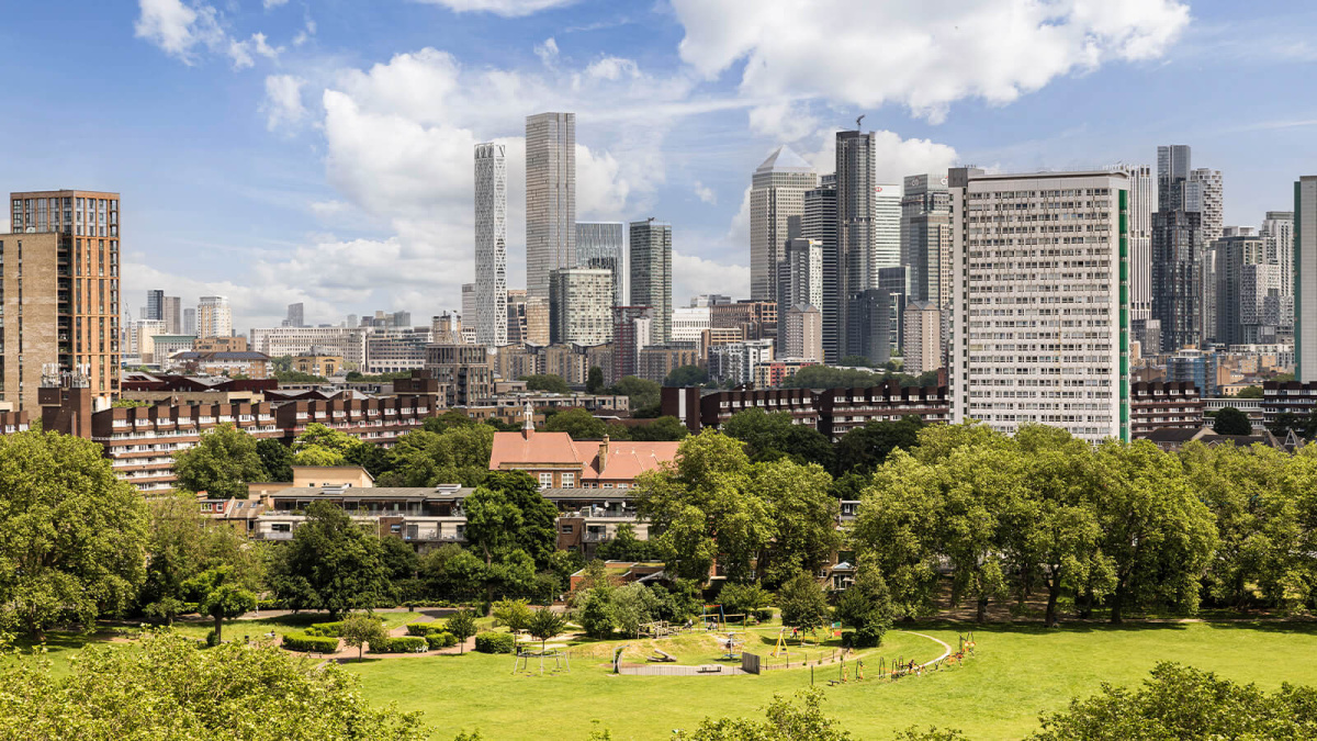 Views over Deptford Park towards Canary Wharf at Neptune Wharf ©Galliard Homes.