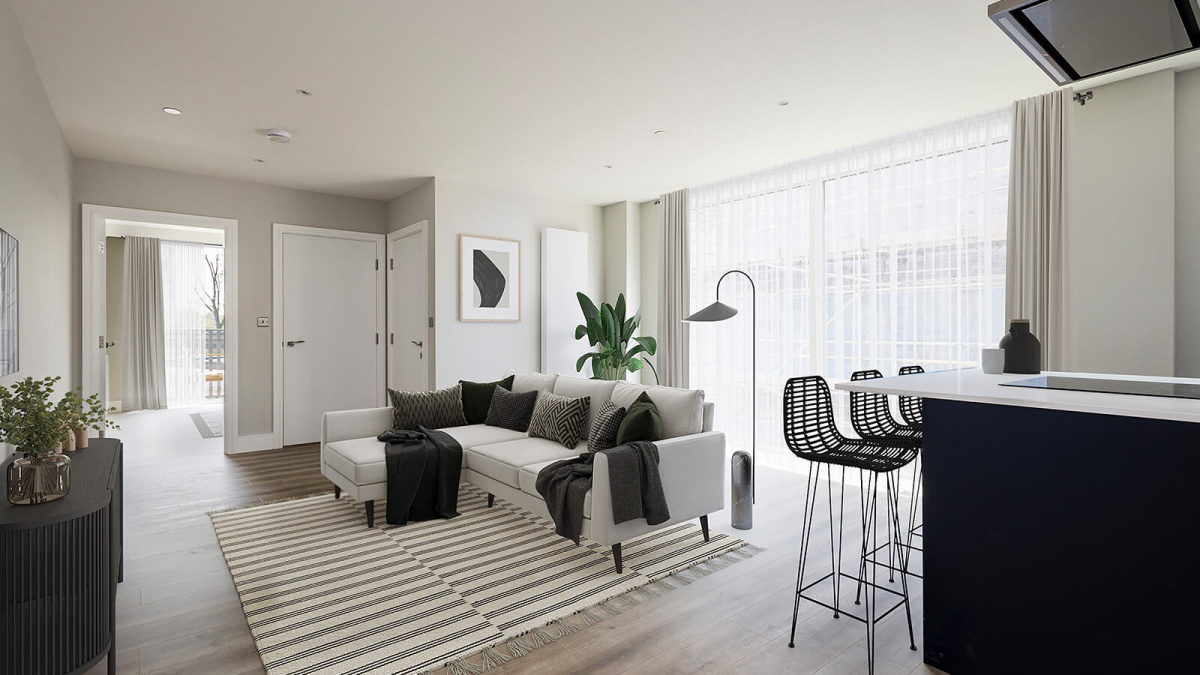 Living and dining area in a Park Avenue Place apartment, computer generated image intended for illustrative use only, ©Galliard Homes.
