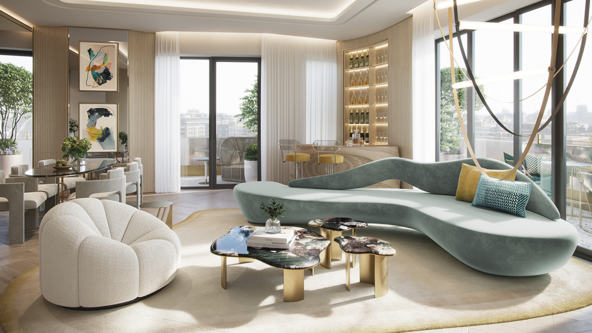 Living area in a penthouse apartment at TCRW SOHO; computer generated image intended for illustrative purposes only, ©Galliard Homes.