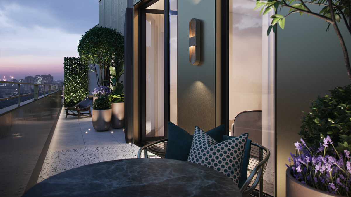 Terrace at a penthouse apartment at TCRW SOHO; computer generated image intended for illustrative purposes only, ©Galliard Homes.